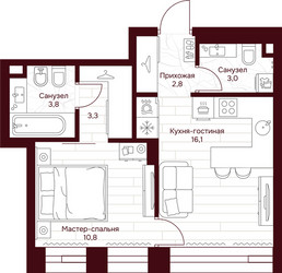 Планировка однокомнатной(квартира) площадью 39.8 квадратных метров в ЖК “ЖК Дом 7 Даниловский”