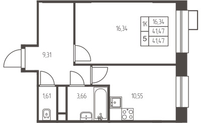 Планировка однокомнатной(квартира) площадью 41.5 квадратных метров в ЖК “ЖК Новая Ивантеевка”