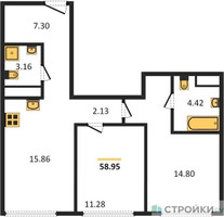 Планировка двухкомнатной(квартира) площадью 58.68 квадратных метров в “ЖК 1-й Нагатинский (Первый Нагатинский)”