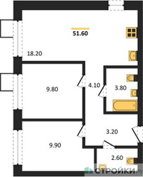 Планировка двухкомнатной(квартира) площадью 51.6 квадратных метров в ЖК “ЖК Никольский квартал Отрада”