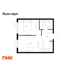 Планировка однокомнатной(квартира) площадью 37.4 квадратных метров в ЖК “ЖК Яуза Парк (Мытищи)”