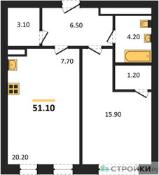 Планировка однокомнатной(квартира) площадью 51.1 квадратных метров в ЖК “ЖК Детали”