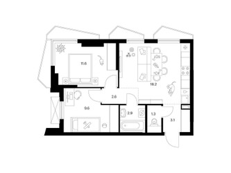 Планировка двухкомнатной(квартира) площадью 49.3 квадратных метров в ЖК “ЖК Мичуринский Парк”