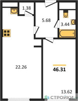 Планировка однокомнатной(апартаменты) площадью 46.31 квадратных метров в “ЖК Пятницкое 58 (Перец)”