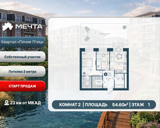 Планировка двухкомнатной(квартира) площадью 54.6 квадратных метров в ЖК “ЖК Мечта”