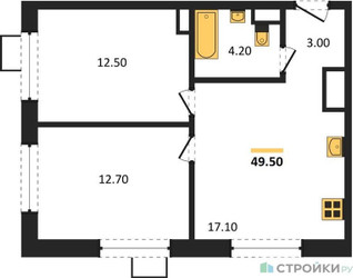Планировка двухкомнатной(квартира) площадью 49.5 квадратных метров в ЖК “ЖК Форевиль”