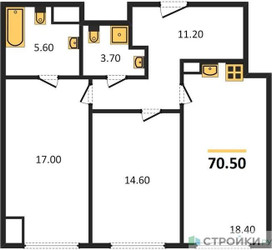Планировка двухкомнатной(квартира) площадью 70.5 квадратных метров в ЖК “ЖК Мираполис”