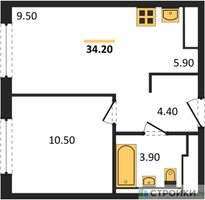 Планировка однокомнатной(квартира) площадью 34.2 квадратных метров в “ЖК Мытищи Парк”