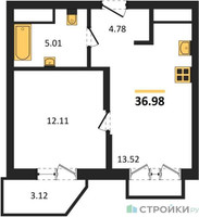 Планировка однокомнатной(квартира) площадью 36.98 квадратных метров в “ЖК ВОСТОК II”