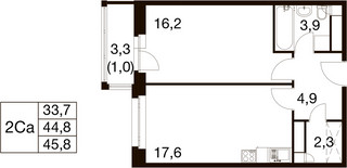 Планировка однокомнатной(квартира) площадью 44.3 квадратных метров в “ЖК Идеал”