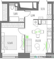 Планировка однокомнатной(квартира) площадью 37.53 квадратных метров в ЖК “ЖК Upside Towers (Апсайд Тауэрс)”