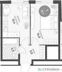 Планировка однокомнатной(квартира) площадью 35.7 квадратных метров в ЖК “ЖК Шагал”