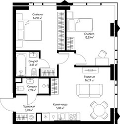 Планировка двухкомнатной(квартира) площадью 63.14 квадратных метров в ЖК “ЖК Джойс”