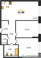 Планировка двухкомнатной(квартира) площадью 51.9 квадратных метров в “ЖК Новое Видное”