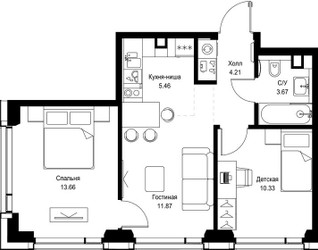 Планировка двухкомнатной(квартира) площадью 49.2 квадратных метров в ЖК “ЖК СЕТ”