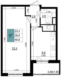 Планировка однокомнатной(квартира) площадью 40.8 квадратных метров в ЖК “ЖК Одинцово Сити”