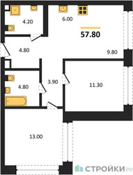 Планировка двухкомнатной(квартира) площадью 57.8 квадратных метров в ЖК “ЖК НАЗАРÉ (Мангазея в Богородском)”