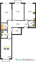 Планировка трехкомнатной(квартира) площадью 78.38 квадратных метров в “ЖК Пригород Лесное”