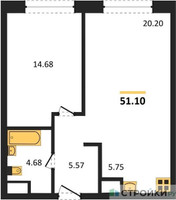 Планировка однокомнатной(квартира) площадью 51.1 квадратных метров в “ЖК Собрание клубных домов West Garden (Вест Гарден)”