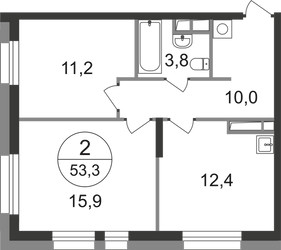 Планировка двухкомнатной(квартира) площадью 53.3 квадратных метров в ЖК “ЖК Первый Московский”