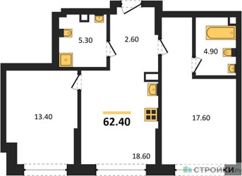 Планировка двухкомнатной(квартира) площадью 62.4 квадратных метров в ЖК “ЖК Символ”