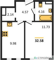 Планировка однокомнатной(апартаменты) площадью 32.58 квадратных метров в “ЖК Движение. Говорово”