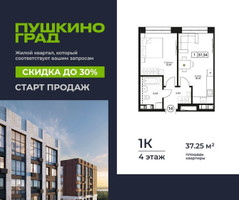 Планировка однокомнатной(квартира) площадью 37.25 квадратных метров в “ЖК Пушкино Град”