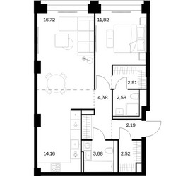 Планировка однокомнатной(квартира) площадью 60.96 квадратных метров в ЖК “ЖК НОВА”