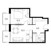 Планировка двухкомнатной(апартаменты) площадью 45.5 квадратных метров в “ЖК Аквилон Signal (Аквилон Сигнал)”