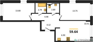 Планировка двухкомнатной(квартира) площадью 59.64 квадратных метров в “ЖК Новое Внуково”