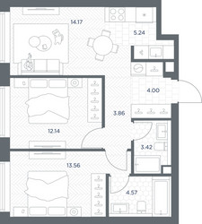 Планировка двухкомнатной(квартира) площадью 60.96 квадратных метров в ЖК “ЖК TATE (Тэйт)”
