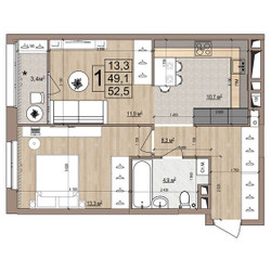 Планировка однокомнатной(квартира) площадью 52.5 квадратных метров в ЖК “ЖК Гранд Комфорт”