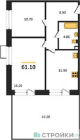 Планировка двухкомнатной(квартира) площадью 61.1 квадратных метров в “ЖК Бунинские кварталы”