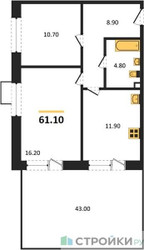 Планировка двухкомнатной(квартира) площадью 61.1 квадратных метров в ЖК “ЖК Бунинские кварталы”