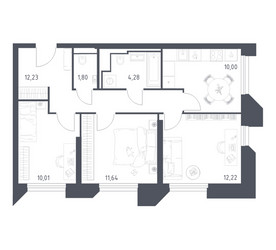 Планировка трехкомнатной(апартаменты) площадью 62.18 квадратных метров в ЖК “ЖК Скай Спутник”