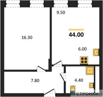 Планировка однокомнатной(квартира) площадью 44 квадратных метров в “ЖК Адмирал”