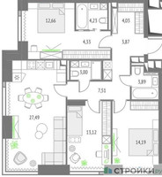 Планировка трехкомнатной(квартира) площадью 98.32 квадратных метров в “ЖК Upside Towers (Апсайд Тауэрс)”