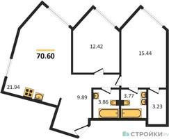 Планировка двухкомнатной(квартира) площадью 70.6 квадратных метров в “ЖК Резиденция Сокольники”