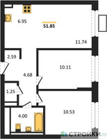 Планировка двухкомнатной(квартира) площадью 51.85 квадратных метров в “ЖК Прибрежный Парк”