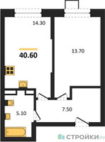 Планировка однокомнатной(квартира) площадью 40.6 квадратных метров в “ЖК ОБЛАКА-2”