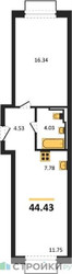 Планировка однокомнатной(квартира) площадью 44.43 квадратных метров в ЖК “ЖК Новое Внуково”