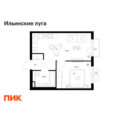 Планировка однокомнатной(квартира) площадью 34.67 квадратных метров в ЖК “ЖК Ильинские луга”