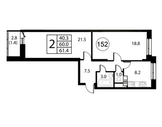 Планировка двухкомнатной(квартира) площадью 61.4 квадратных метров в ЖК “ЖК Космос”