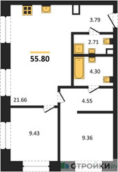 Планировка двухкомнатной(квартира) площадью 55.8 квадратных метров в ЖК “ЖК UltimaСity (УльтимаСити)”