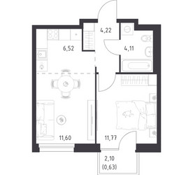 Планировка однокомнатной(квартира) площадью 38.85 квадратных метров в ЖК “ЖК Новое Внуково”