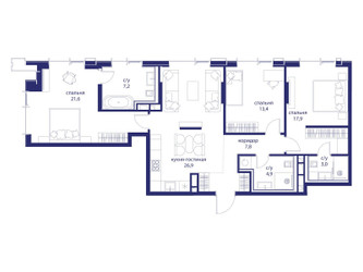 Планировка трехкомнатной(квартира) площадью 102.7 квадратных метров в ЖК “ЖК Событие”