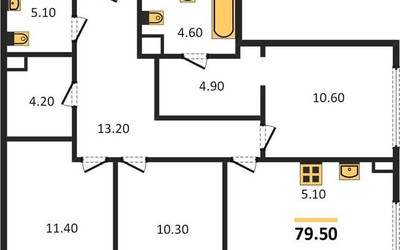 Планировка трехкомнатной(квартира) площадью 79.5 квадратных метров в ЖК “Жилые кварталы Белый Град”