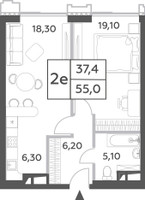 Планировка двухкомнатной(квартира) площадью 55 квадратных метров в “ЖК Will Towers (Вилл Тауэрс)”
