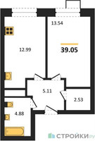 Планировка однокомнатной(квартира) площадью 39.05 квадратных метров в “ЖК Новотомилино”