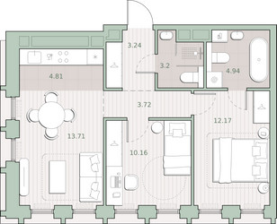 Планировка двухкомнатной(квартира) площадью 56 квадратных метров в ЖК “ЖК Среда на Кутузовском”